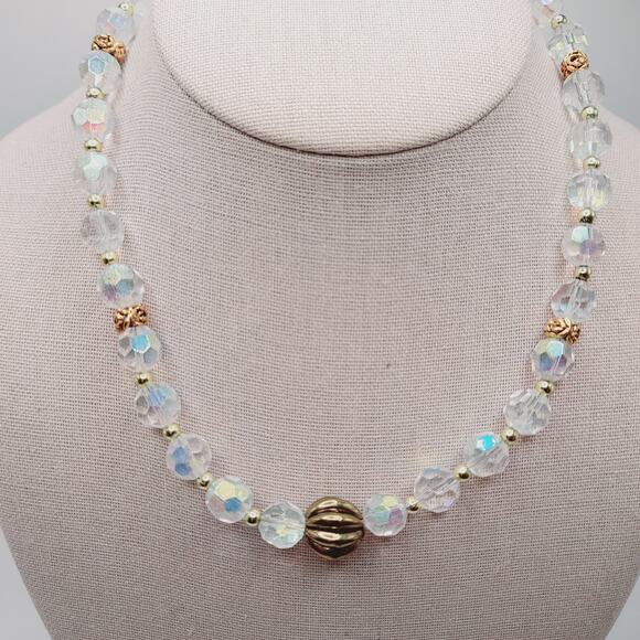 Vintage Czech Fire Polished Crystal Bead Necklace 17" Gold Tone Accents - Picture 12 of 12